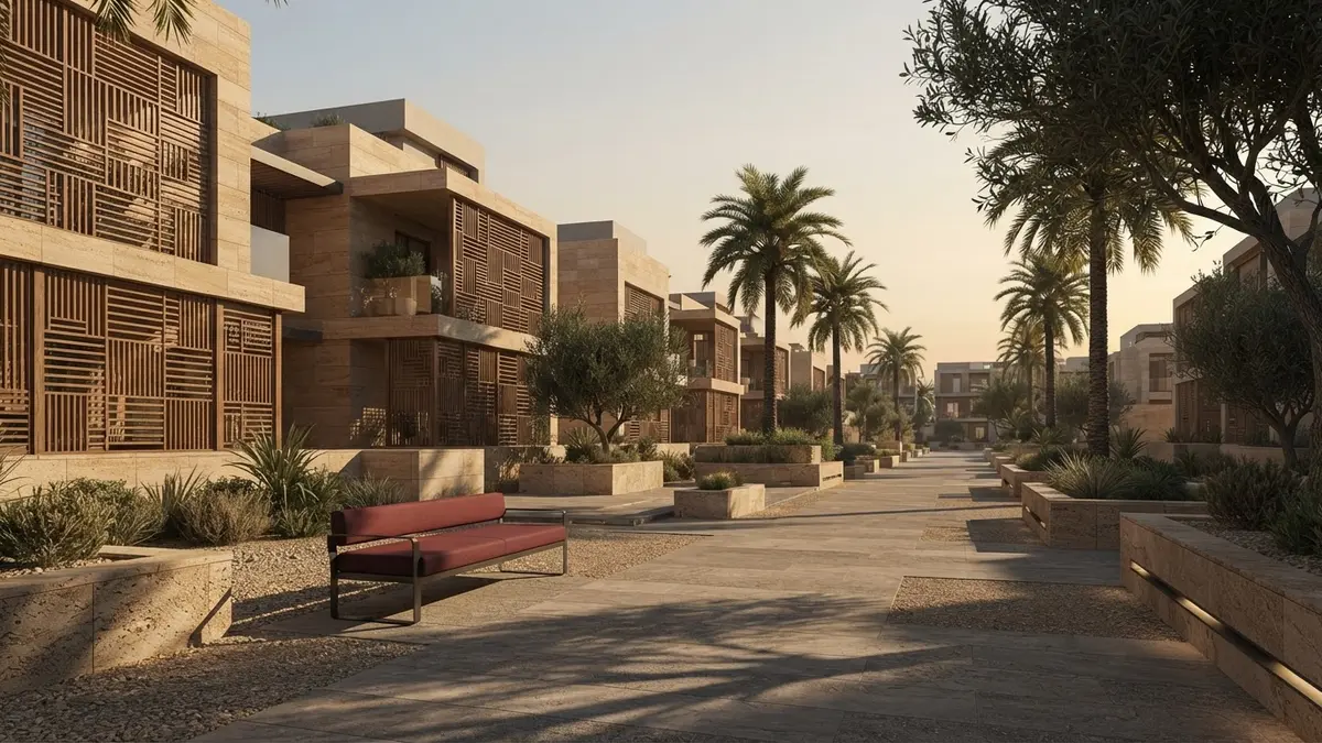 مخطط معماري يوضح التدرج البصري والفرغات الانتقالية بين مبنى سكني تجاري ومسار المشاة في المسار الرياضي بالرياض