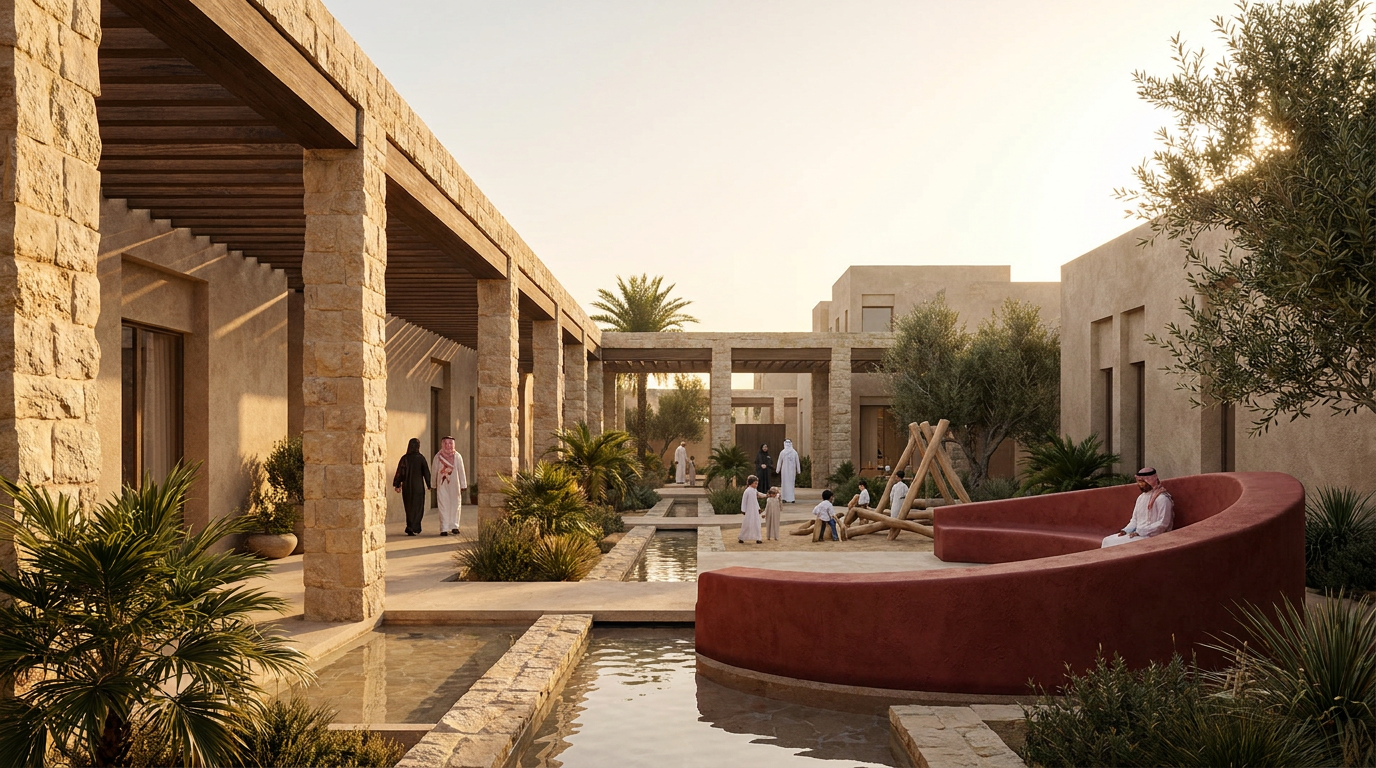 Real-estate development team reviewing a residential amenity plan and operating-cost matrix for a Saudi housing project