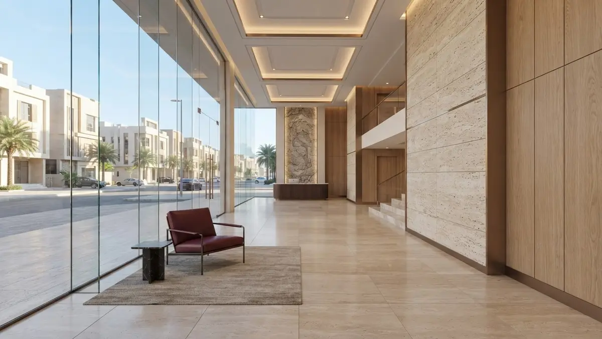 مخطط هندسي يوضح عملية إعادة التطوير الفراغي لبرج تجاري قائم في الرياض