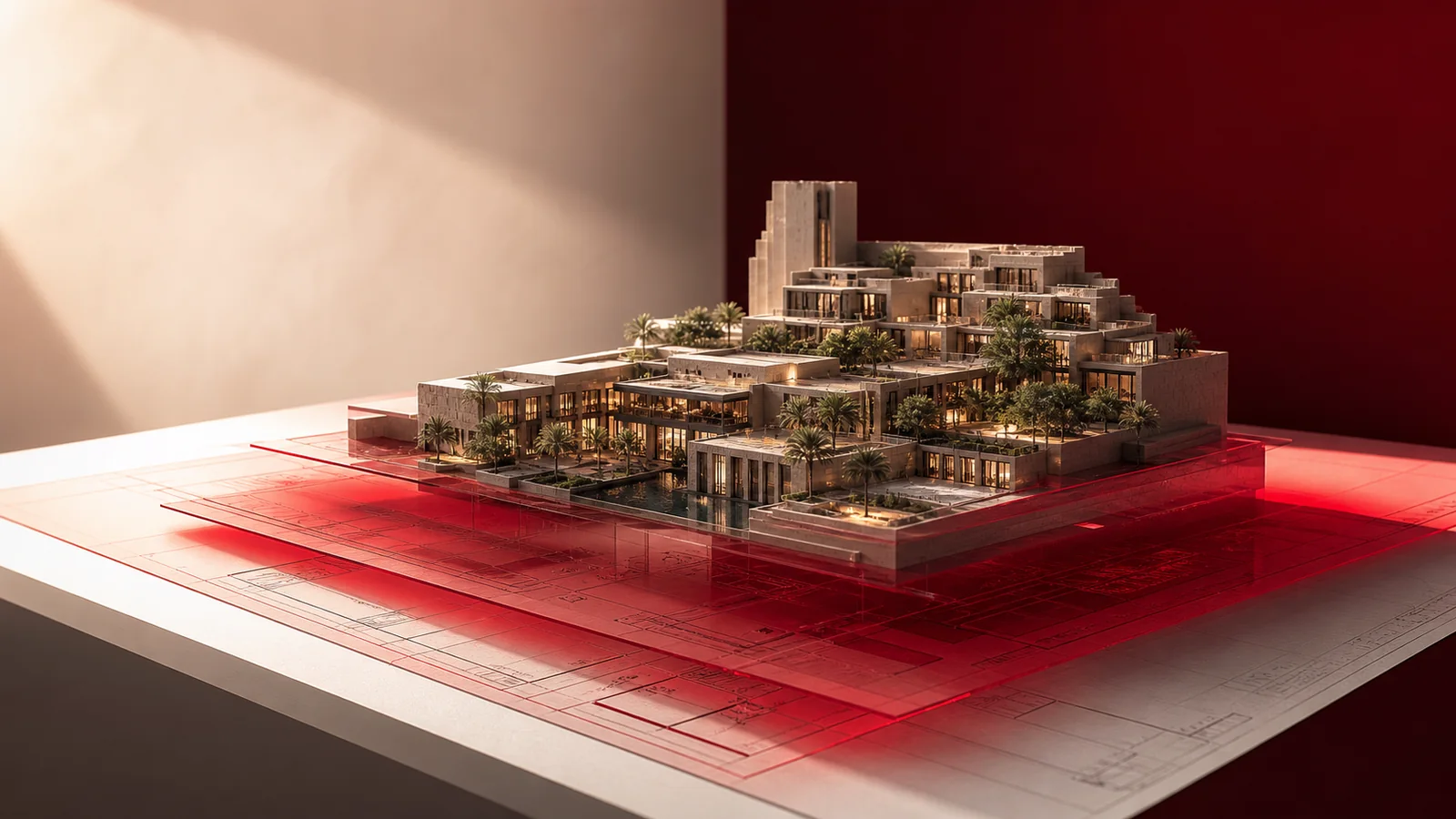 تصور معماري لمشروع سكني سعودي يوضح الواجهات والممرات والمرافق المشتركة لدعم البيع على الخارطة