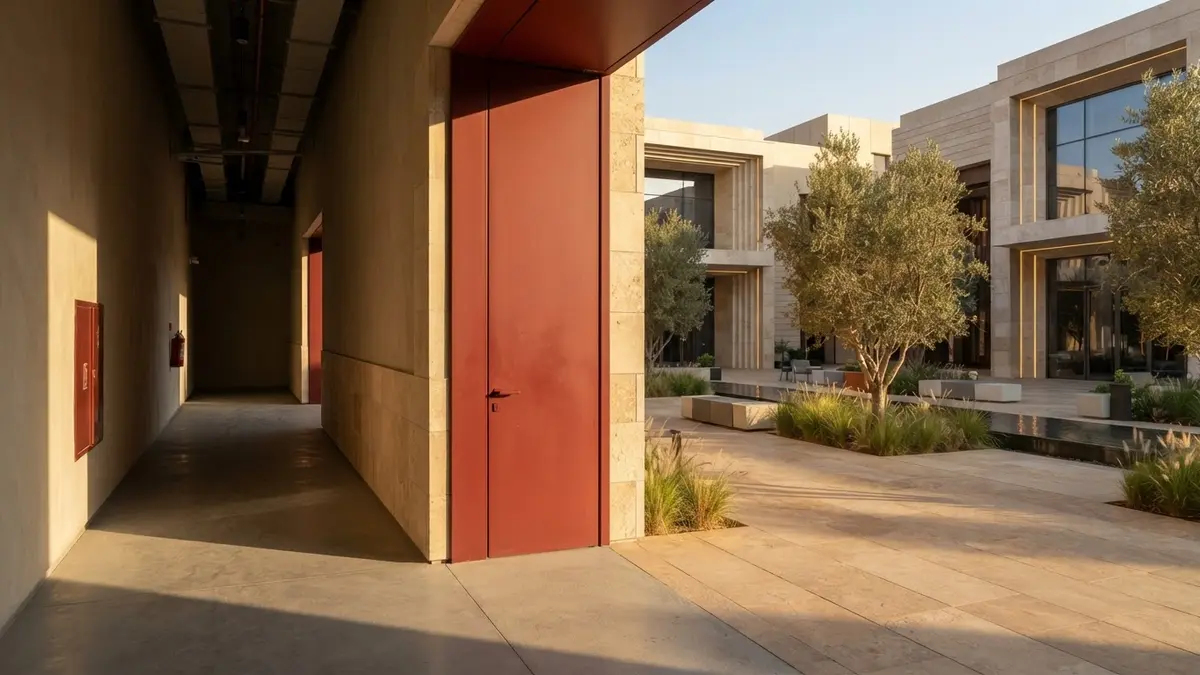 مخطط هندسي يوضح الفصل الحركي بين ممرات الشحن الخلفية ومناطق المشاة في مجمع تجاري حديث بالرياض