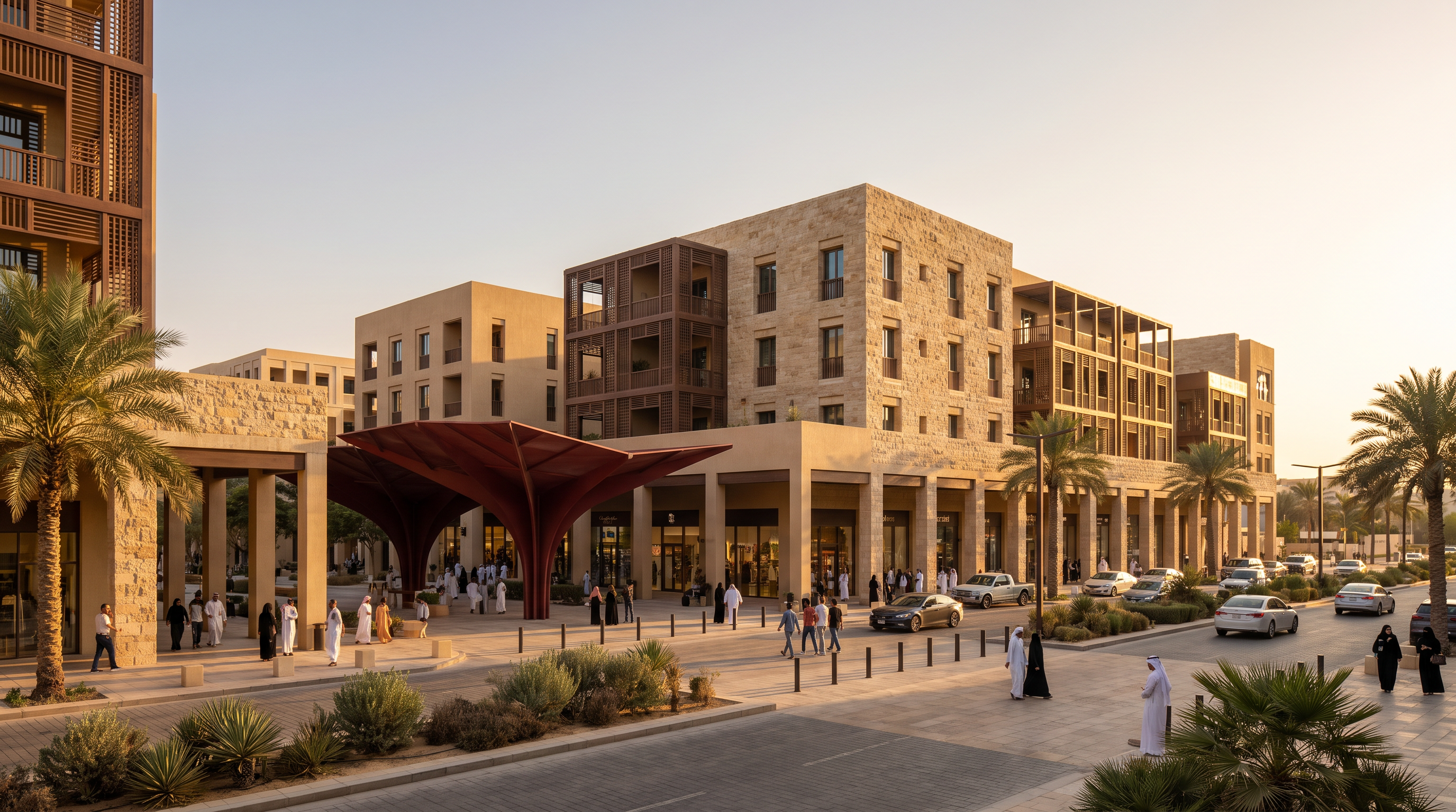 A real-estate development team reviewing an early architectural visualization for a mixed-use project in Saudi Arabia