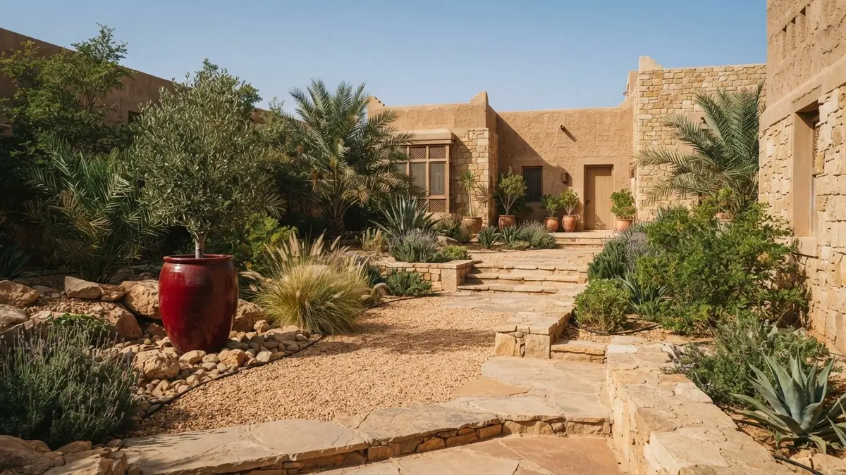 مخطط هندسي لمساحة مفتوحة مستدامة تعتمد على النباتات المحلية والمناخ المحلي في مشروع سعودي